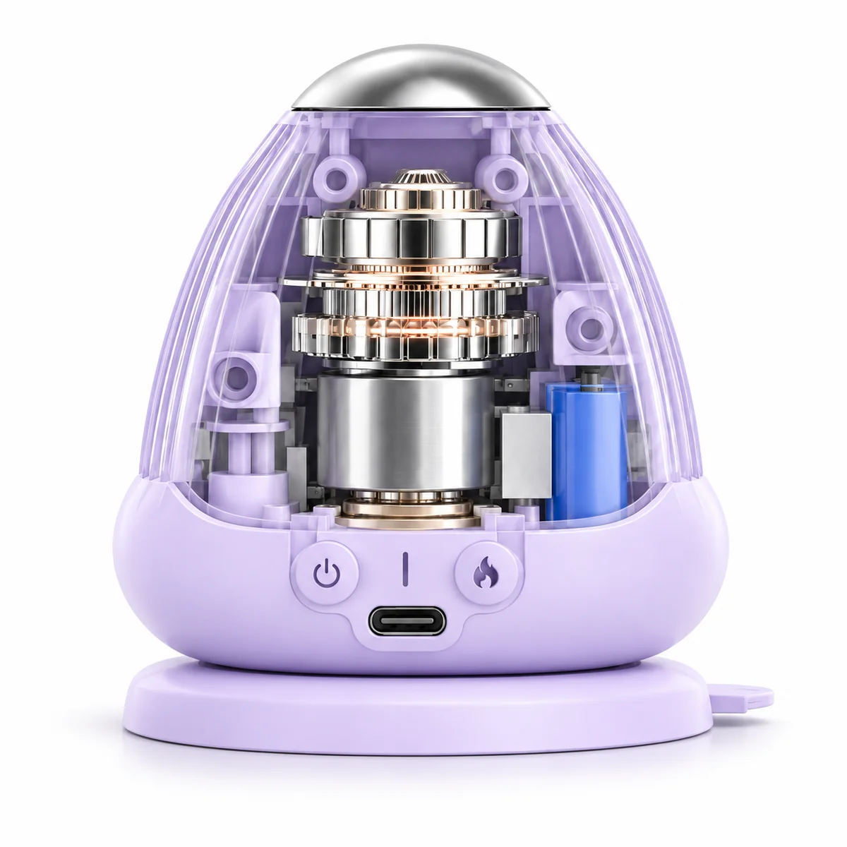 Illustrated cutaway based on the supplied product anatomy: metal massage head, motor, dampers, rechargeable battery, buttons and USB-C port